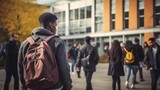 African male student with a backpack at a university campus. Back view of man. Concept of academic aspirations, higher education, student diversity, new beginnings, and cultural integration