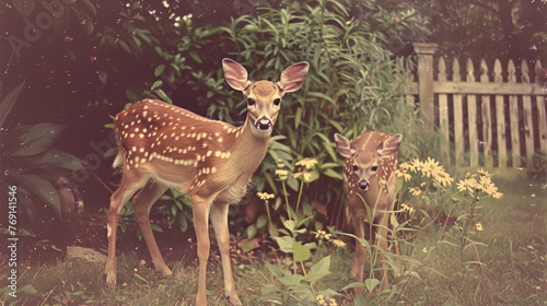 a couple of deer standing next to each other on a lush green forest filled with lots of wildflowers. © Liel