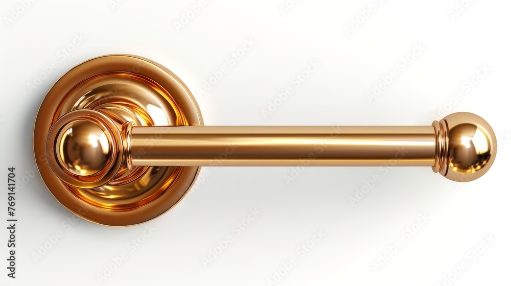 Modern sleek Golden Nickel Latch Door Handle isolated on white background. Contemporary doorknob with a glossy finish. Concept of minimalist design, stylish interiors, and modern decor. - obrazy, fototapety, plakaty 