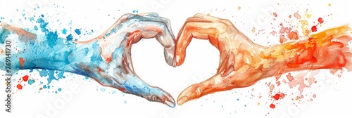 Two Hands forming heart shape. Symbol of love. Concept of togetherness, affection, romantic gestures, love signs, warm emotions. Watercolor illustration. Banner. White background