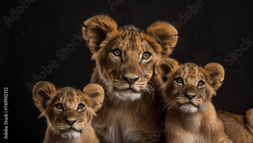 Pristine Pride  Realistic Lion Family on Black Background