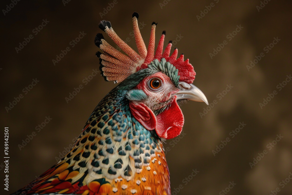 A purebred bird poses for a portrait in a studio with a solid color background during a pet photoshoot.

