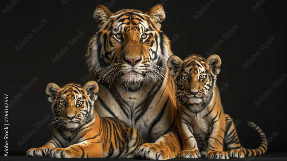 Fierce Family: Hyperrealistic Tiger Family on Black Background Fierce Family: Hyperrealistic Tiger Family on Black Background