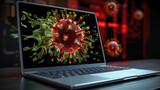 Computer virus on a laptop display with a red and black blurred background
