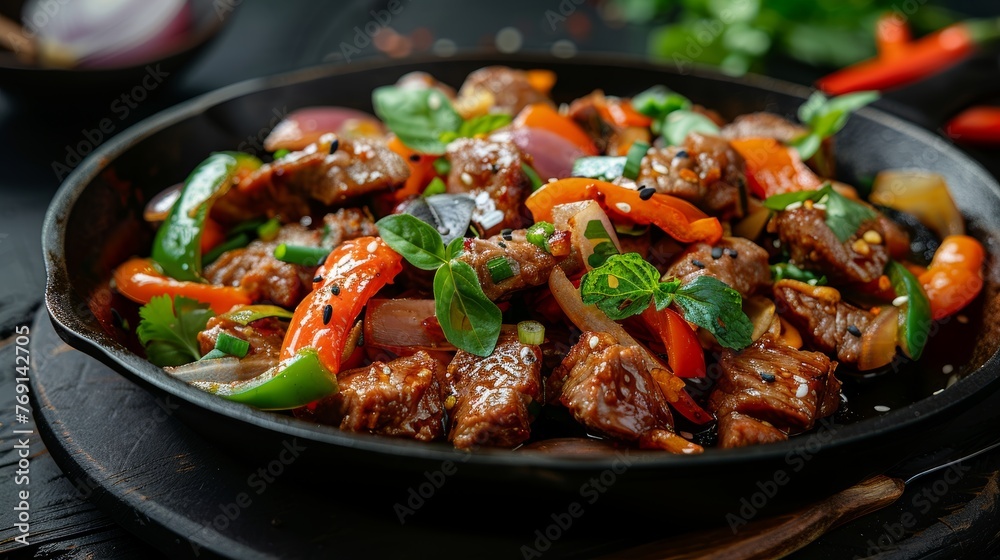 Savory Sweet and Sour Lamb Stir-Fry on Cast Iron Plate Generative AI Savory Sweet and Sour Lamb Stir-Fry on Cast Iron Plate Generative AI