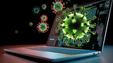 Glowing virus particles above a laptop, representing digital infection and cybersecurity concerns