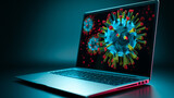 Vivid computer virus emerging from laptop screen, concept of online virus threats.
