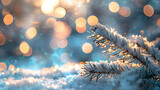 Beautiful winter background image of frosted spruce branches and small drifts of pure snow with bokeh Christmas lights and space for text. Generative Ai