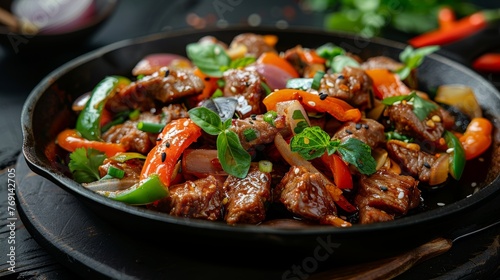 Savory Sweet and Sour Lamb Stir-Fry on Cast Iron Plate Generative AI