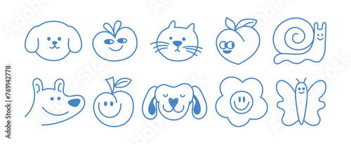 Vector logo design template and graphic elements for advertising, branding, posters and banners, funny cartoon illustrations with smiling character and mascots, abstract stickers and line icons.