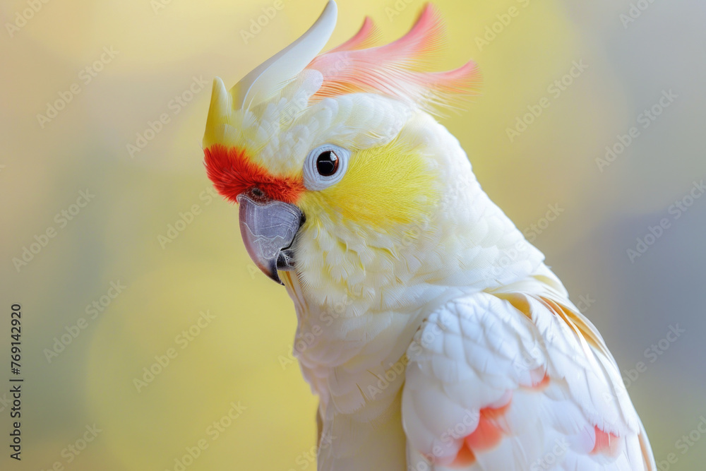 A purebred bird poses for a portrait in a studio with a solid color background during a pet photoshoot.
A purebred bird poses for a portrait in a studio with a solid color background during a pet photoshoot.