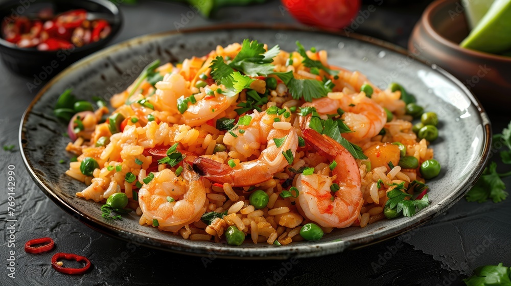 Plate with tasty fried rice and shrimps on table, closeup Plate with tasty fried rice and shrimps on table, closeup