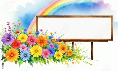 A white board with roses and a rainbow in the background. Colorful template design element. Blank empty mockup. For illustrating articles or blog posts about hope, new beginnings or creativity.