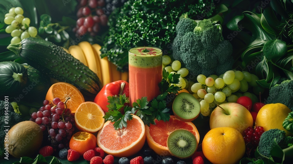 Detox smoothie surrounded by fresh fruits and vegetables Detox smoothie surrounded by fresh fruits and vegetables