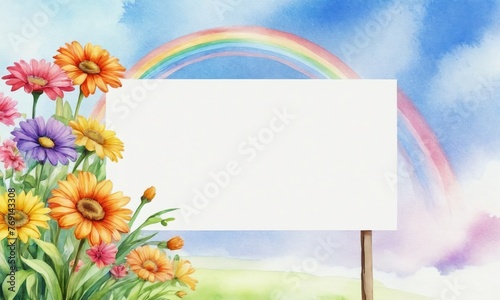 A white board with roses and a rainbow in the background. Colorful template design element. Blank empty mockup. For illustrating articles or blog posts about hope, new beginnings or creativity.