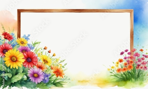 A white board with roses and a rainbow in the background. Colorful template design element. Blank empty mockup. For illustrating articles or blog posts about hope, new beginnings or creativity.
