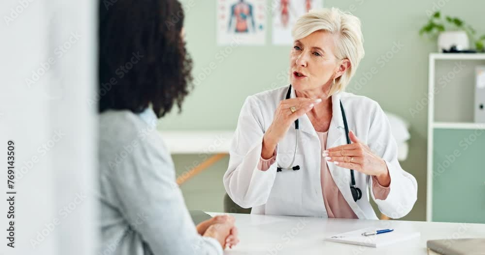 Woman, doctor or consulting with patient for healthcare advice, prescription or diagnosis at clinic. Female person, cardiologist or medical worker explaining process to client in consultation or help