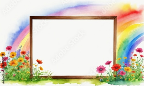 A white board with roses and a rainbow in the background. Colorful template design element. Blank empty mockup. For illustrating articles or blog posts about hope, new beginnings or creativity.