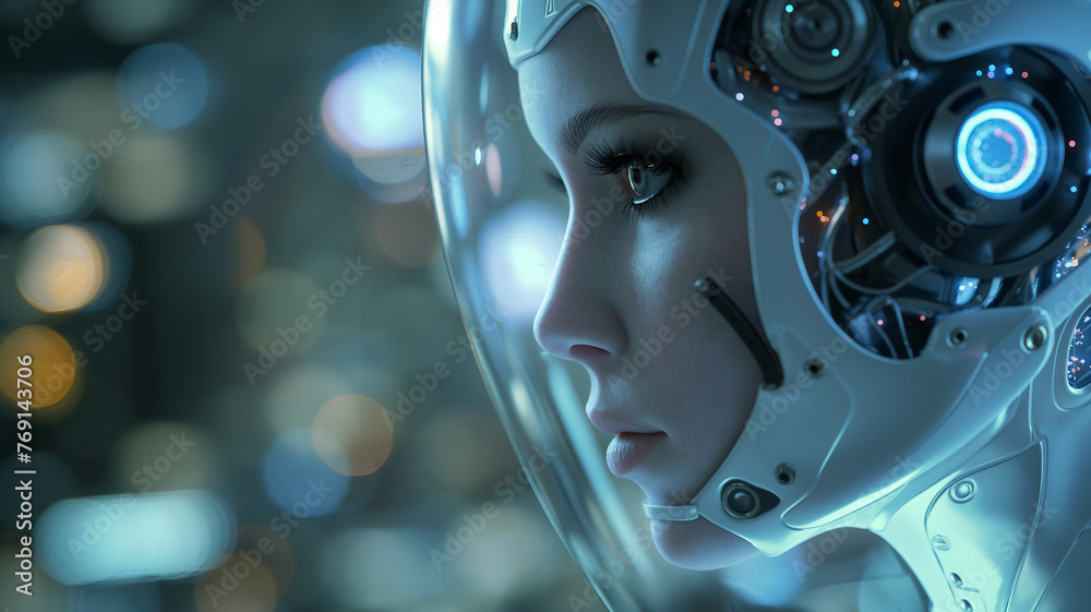 Young woman android head in cybernetic helmet.
