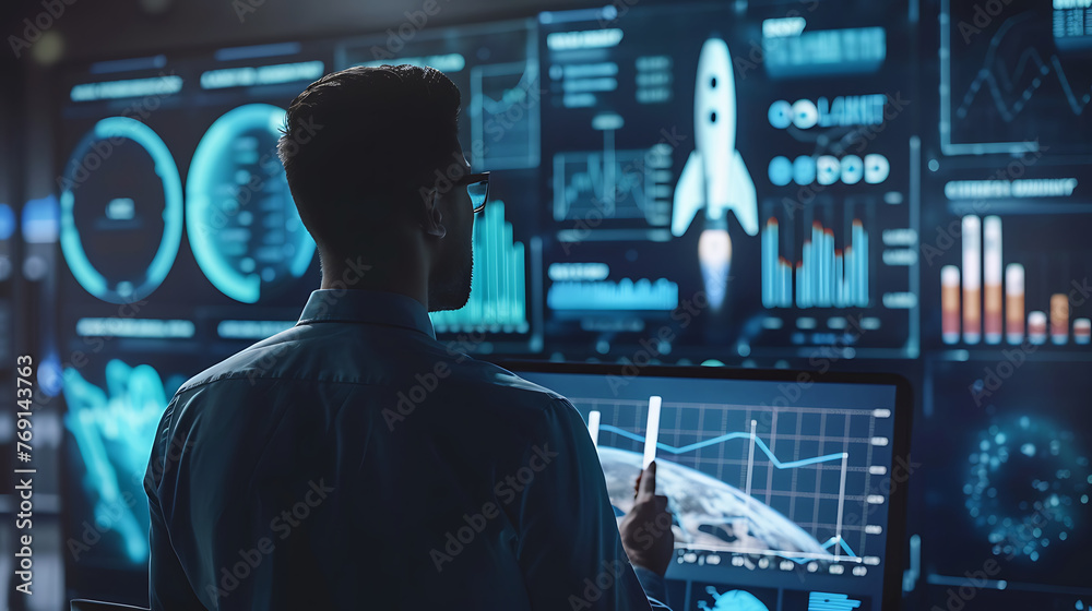 Business man looking at start up presentation with rocket. Generative Ai Business man looking at start up presentation with rocket. Generative Ai
