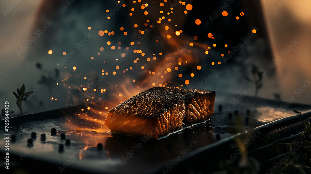 Salmon fillet fired with live fire, a luxurious version of a simple dish.