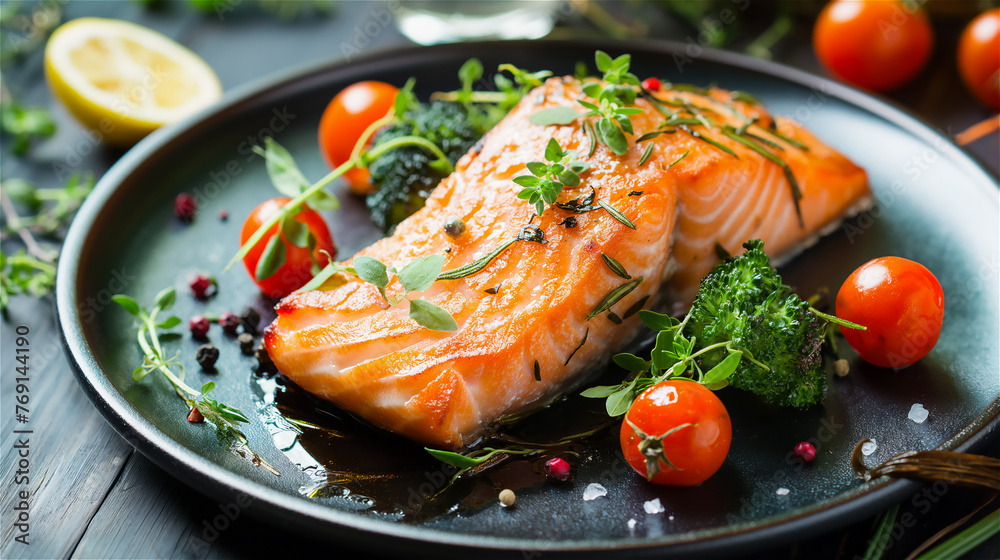 Grilled salmon with vegetables.