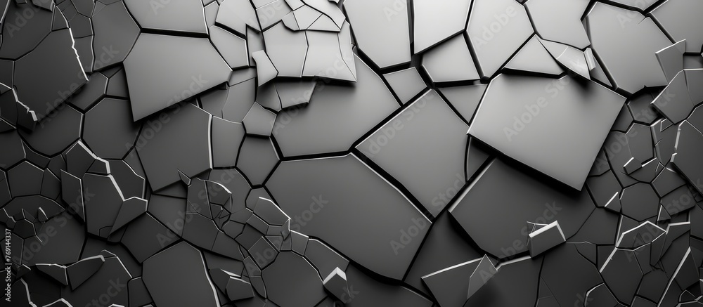 Monochrome abstract backdrop with fractured glass pieces and mosaic design. - obrazy, fototapety, plakaty 