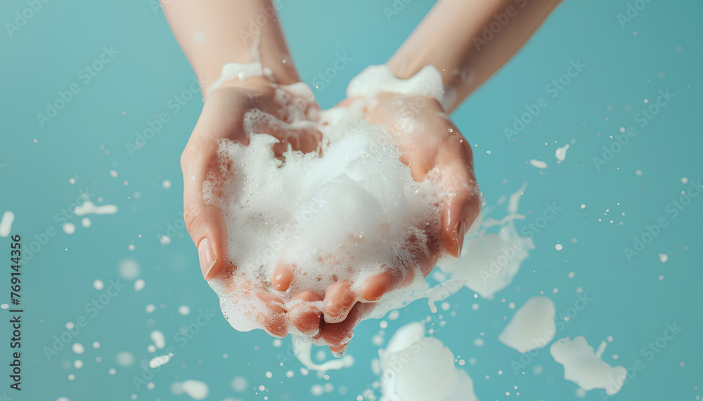 Hands in soap foam on light blue background Hands in soap foam on light blue background