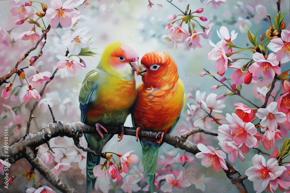 Fototapeta premium Two lovebirds were making sweet looks at each other while sitting on a branch covered with blossoms.
