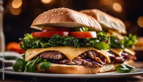 A juicy cheeseburger with lettuce, tomato, and cheese, served on a sesame seed bun, styled in a rustic setting.