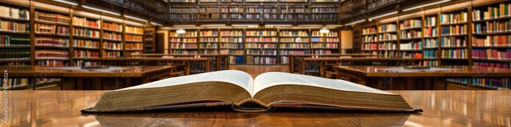 Open book in the library with bookshelf in background. Selective focus. Education concept banner. Open book in the library with bookshelf in background. Selective focus. Education concept banner.