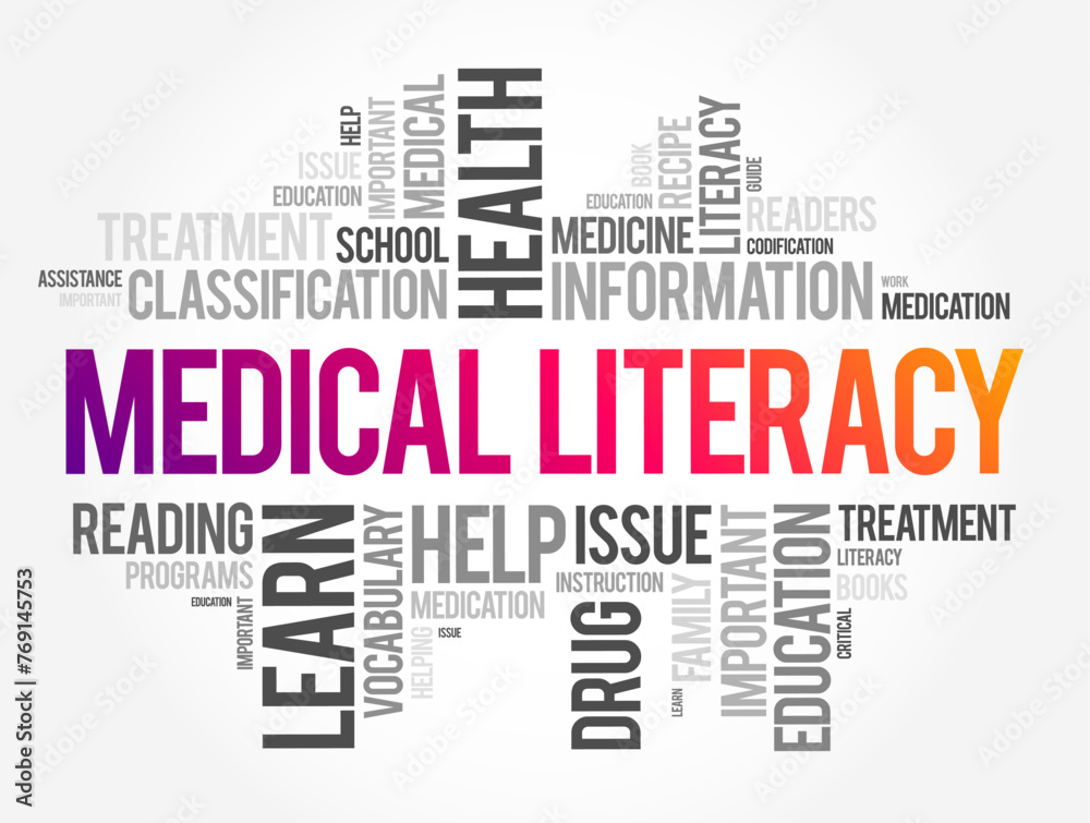 Medical Literacy is the ability to obtain, read, understand, and use healthcare information, word cloud concept background Medical Literacy is the ability to obtain, read, understand, and use healthcare information, word cloud concept background