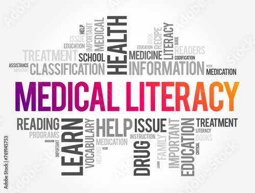 Medical Literacy is the ability to obtain, read, understand, and use healthcare information, word cloud concept background
