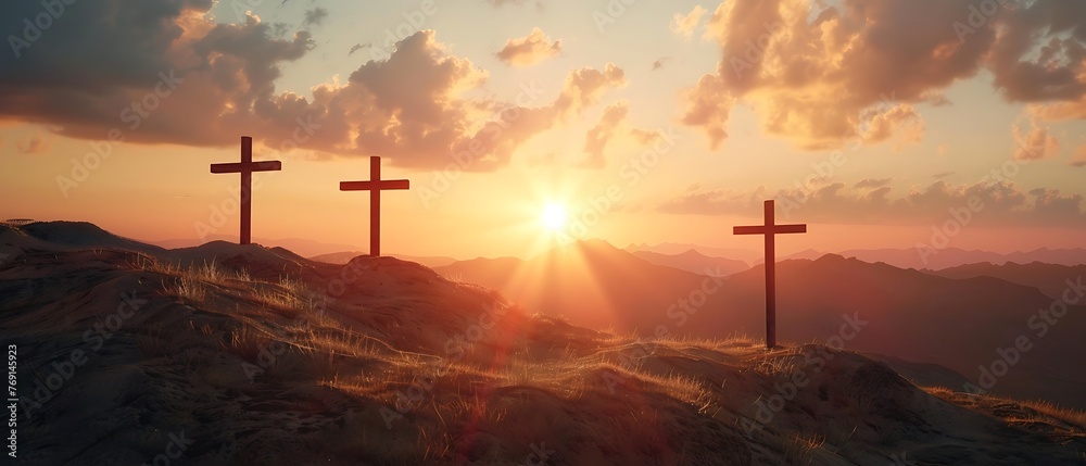 Obraz premium Three crosses on sacred Jerusalem mountain at sunset, easter concept for resurrection of Jesus Christ. Sacred symbolic crucifix during sunrise, holy sacrifice on meadow. 3d render - Generative AI
