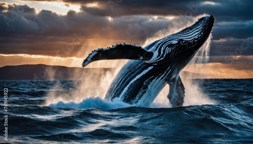 An awe-inspiring humpback whale emerges powerfully from the ocean waves, silhouetted against a dramatic sunset, showcasing the grandeur of marine life. © video rost