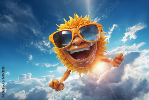 Cartoon sun with sunglasses emoji a wonderful day. Heat and sun in summer vacation concept. © Igor