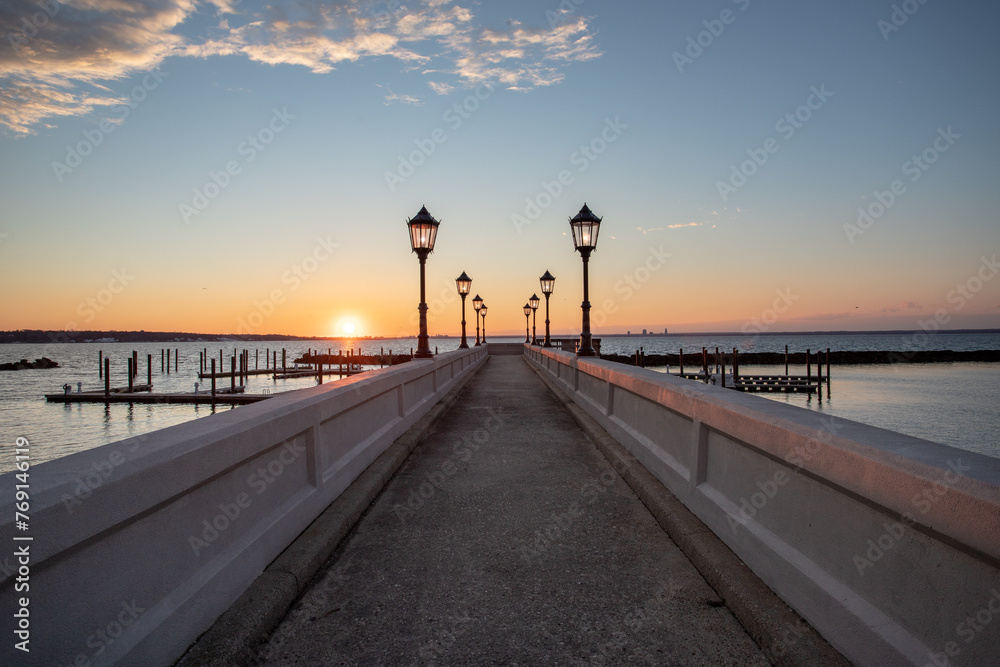 Sunset view on dock with lights