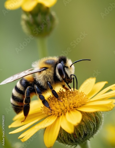 Close-up of a bee with striking black and yellow stripes, collecting nectar from a vibrant yellow wildflower against a soft green background. © video rost