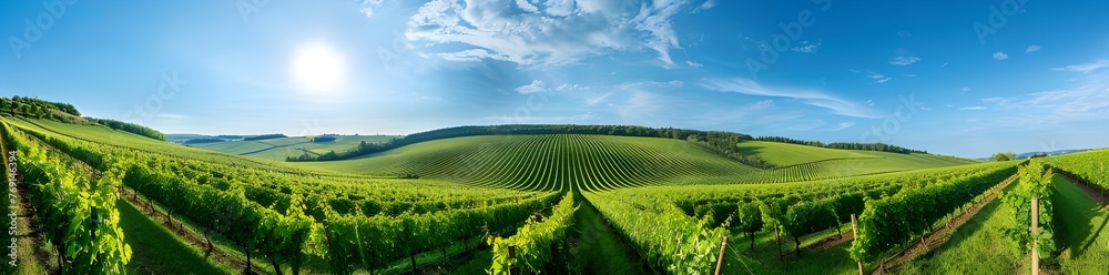 A wide expanse of greenery for a vineyard with a bright blue sky in the background.