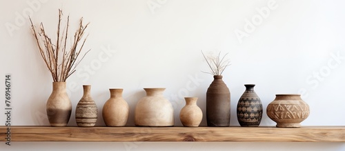A wooden shelf displaying a variety of vases and branches, perfect for showcasing your collection of tableware and adding a touch of nature to your interior design