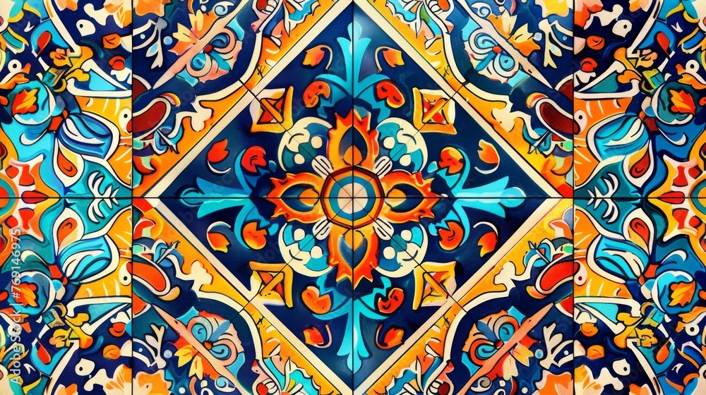 A vibrant mosaic tile pattern, inspired by the intricate floor and wall designs found in archaeological sites created with Generative AI Technology