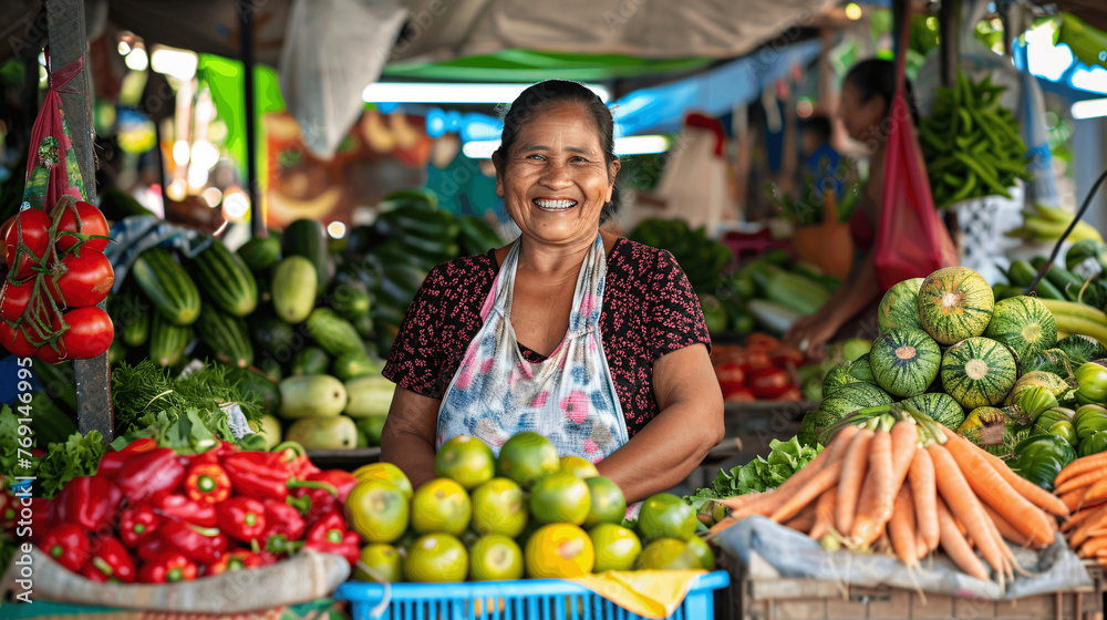 Fresh produce stand with happy female vendor, Generative AI.