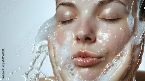 Beautiful Model Woman with splashes of water in her hands. Beauty skin and cosmetic concept.