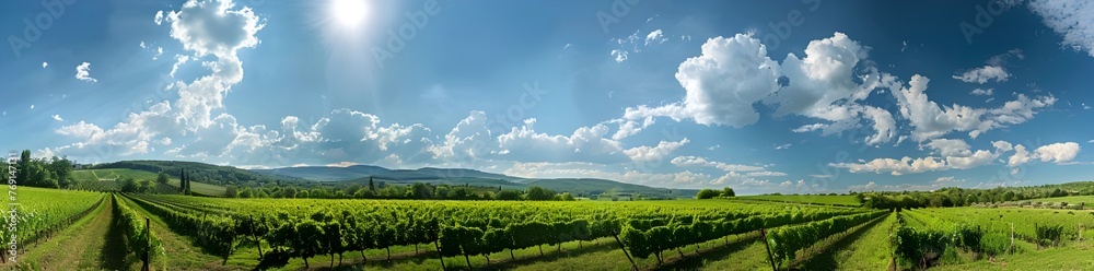 Vast green fields plantation with bright blue sky background.