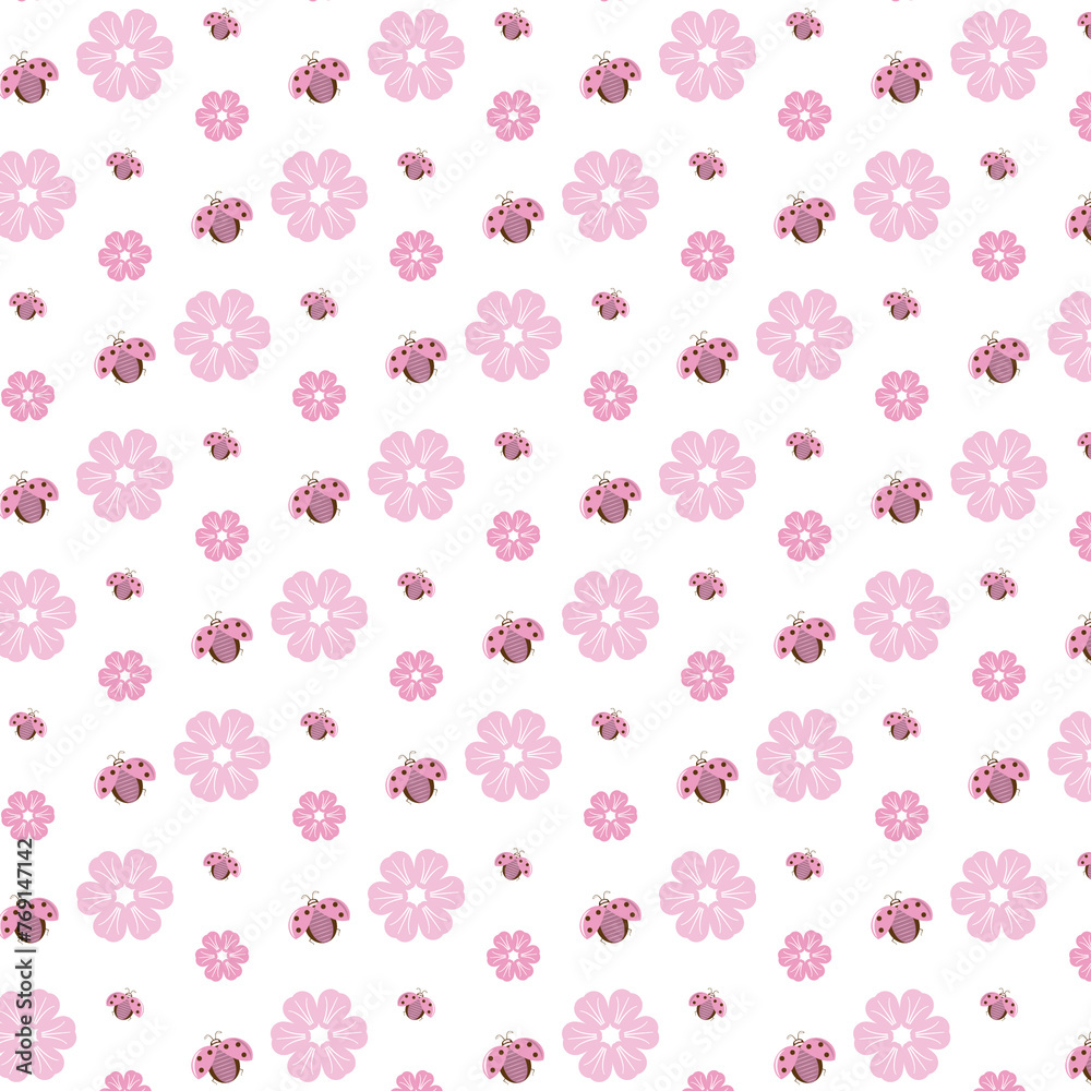 Pink sized flowers and ladybugs pattern