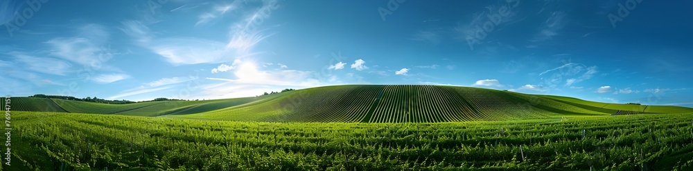 Vast green field plantation with bright blue sky background. green landscape.
