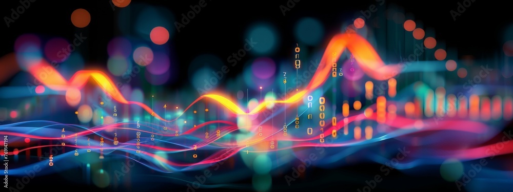 Abstract visualization of market volatility with dynamic glowing financial graphs on a dark background, signifying economic fluctuations - 