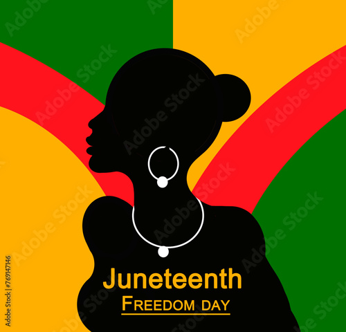 June 16 Freedom Day greeting cards. Juneteenth Afro woman in profile, background in green, yellow and red colors. National African American Independence Day, emancipation day. Vector illustration