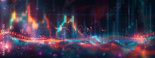 Abstract visualization of market volatility with dynamic glowing financial graphs on a dark background, signifying economic fluctuations -  photo