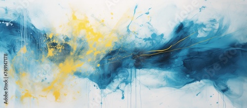 A detailed closeup of a painting featuring electric blue and yellow colors resembling a cumulus cloud formation on a white background